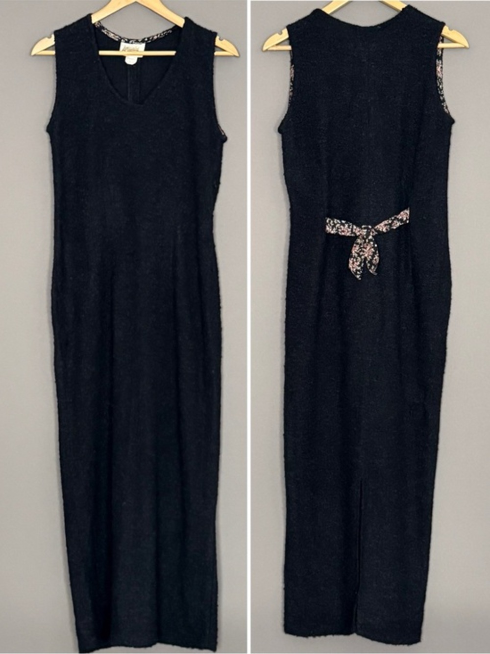vtg 90s ZOE California Bouclé Knit Sleeveless Maxi Dress Black Medium